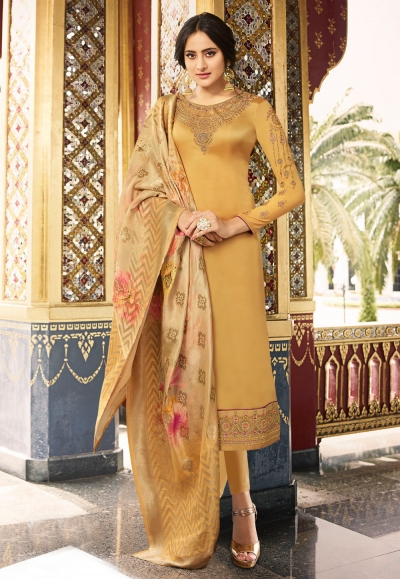 Golden satin embroidered pant style suit 78241