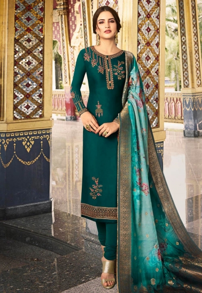 Teal satin embroidered churidar suit 78235