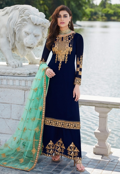 Navy blue georgette embroidered kameez with palazzo 7026