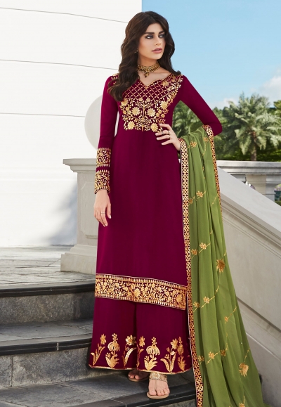 Magenta georgette embroidered palazzo suit 7025