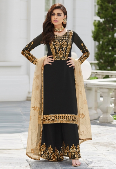 Black georgette embroidered kameez with palazzo 7030