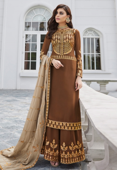 Brown georgette embroidered palazzo suit 7027