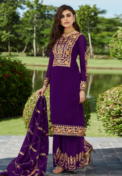 Purple georgette embroidered kameez with palazzo 7028
