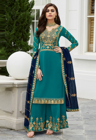 Turquoise blue georgette embroidered palazzo suit 7029