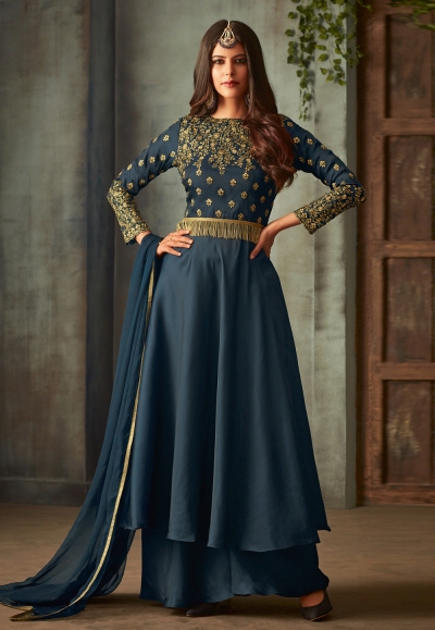 Blue silk palazzo style suit 72001