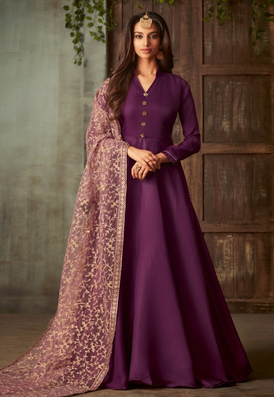 Purple silk long anarkali suit 72004