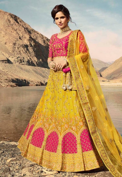 Yellow satin embroidered circular lehenga choli 914