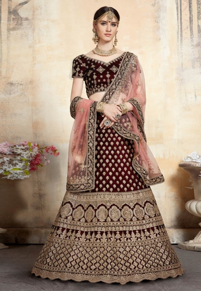 Maroon velvet embroidered circular lehenga choli 3205