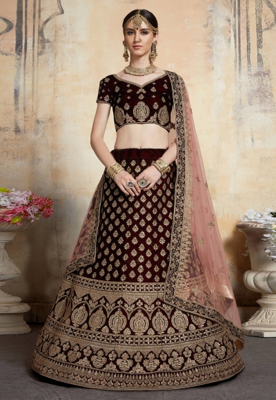 Maroon velvet embroidered circular lehenga choli 3203