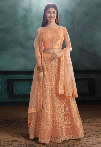 Peach net embroidered a line lehenga choli 3037