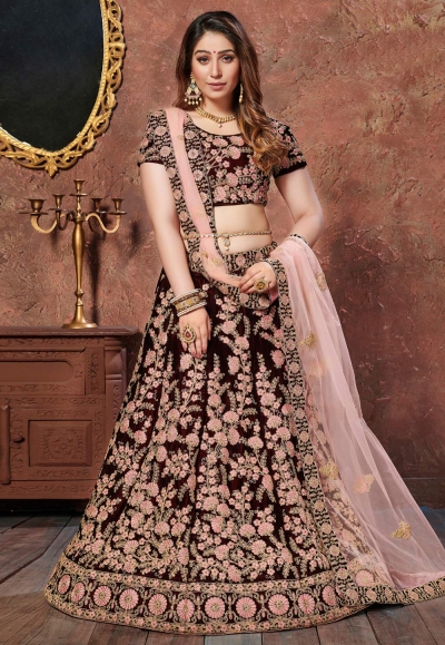 Maroon velvet circular lehenga choli 7301