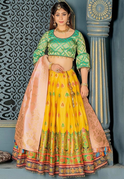 Yellow banarasi silk circular lehenga choli 11235