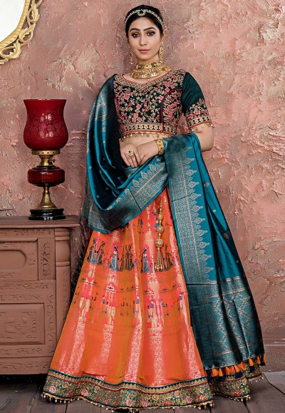 Peach banarasi silk circular lehenga choli 11173