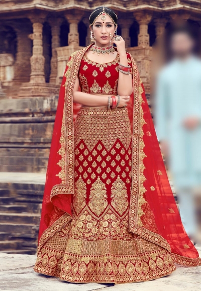 Red velvet embroidered bridal lehenga choli 10004