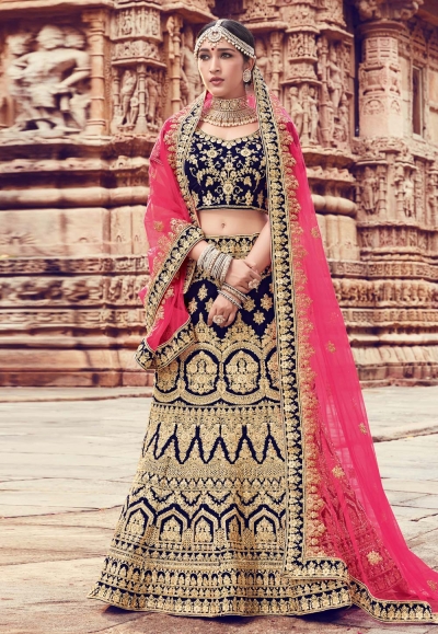 Navy blue velvet embroidered circular lehenga choli 10006