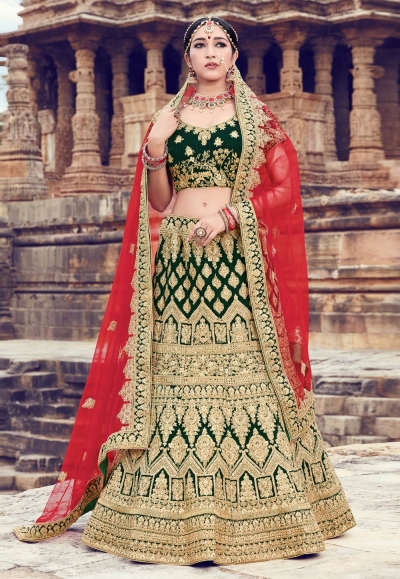 Green velvet embroidered circular lehenga choli 10003