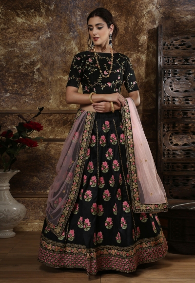 Black silk embroidered circular lehenga choli 1121