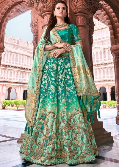 Green Shaded Silk Jacquard Woven Lehenga Choli 2710