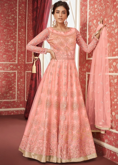 Peach Embroidered Net Kurti Style Lehenga Latest 8300