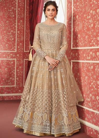 Embroidered Beige Net Kurti Style Lehenga 8301