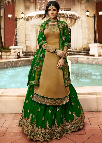 Golden Satin Embroidered Kurti Style Lehenga Latest 17206