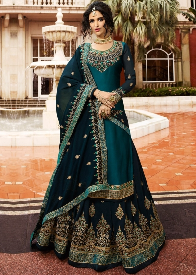 Blue Satin Embroidered Kurti Style Lehenga Latest 17203