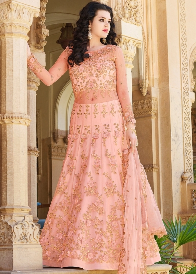 Peach Embroidered Net Kurti Style Lehenga 10029