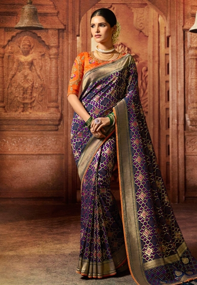 Navy blue viscose embroidered saree with blouse 5606