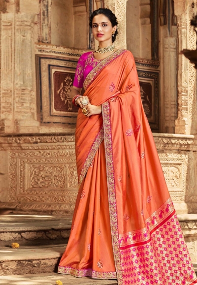 Peach banarasi silk festival wear saree 77436