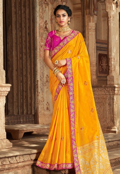 Yellow banarasi silk saree with blouse 77435