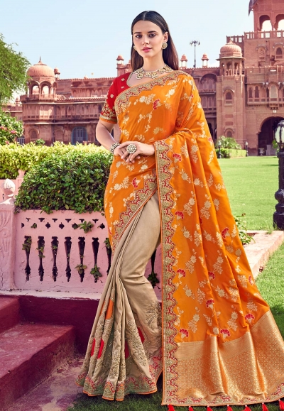 Orange banarasi half and half saree 2909