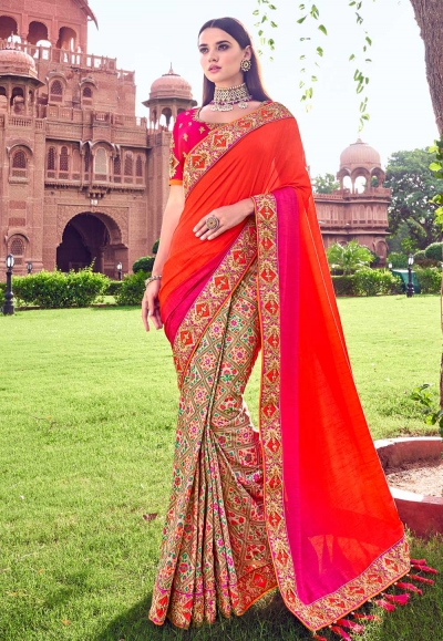 Orange banarasi festival wear saree 2906