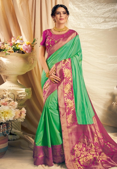 Green silk saree with blouse 11112