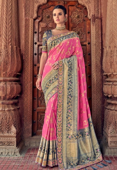 Pink banarasi silk saree with blouse 2804