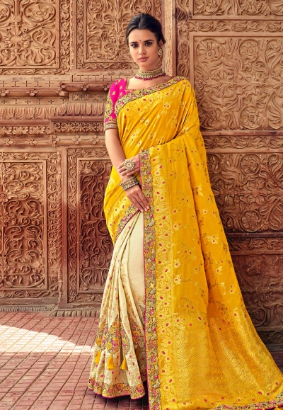 Yellow banarasi silk half and half saree 2805