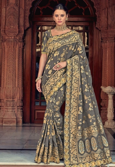 Gray banarasi silk saree with blouse 2808