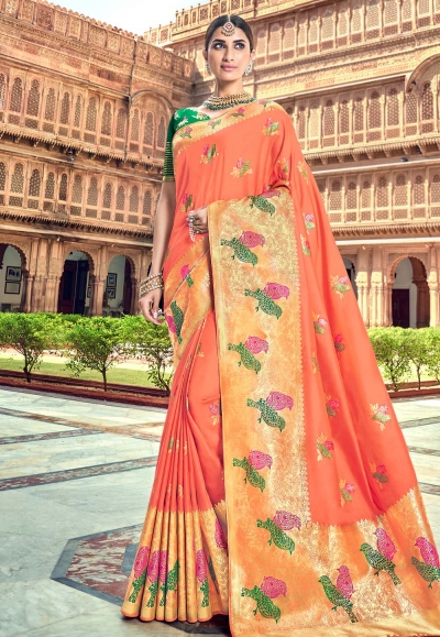 Peach banarasi silk saree with blouse 3004