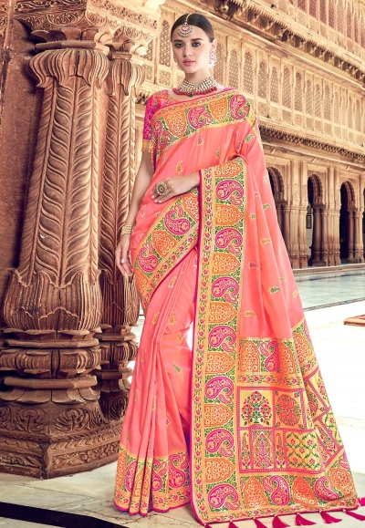 Pink banarasi silk saree with blouse 3018