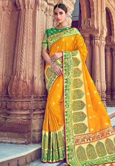 Yellow banarasi silk saree with blouse 3002