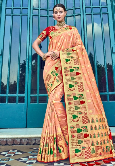 Peach banarasi silk saree with blouse 3012