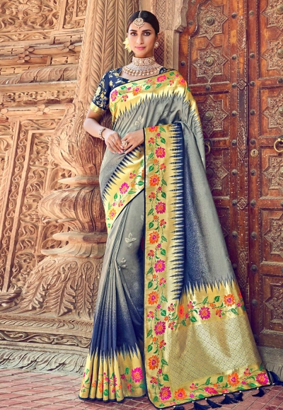 Gray banarasi silk festival wear saree 3019