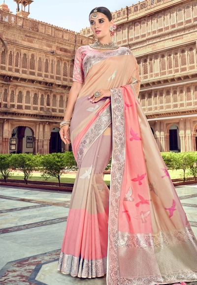 Pink banarasi silk saree with blouse 3016