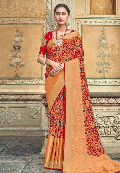 Orange banarasi silk saree with blouse 3105