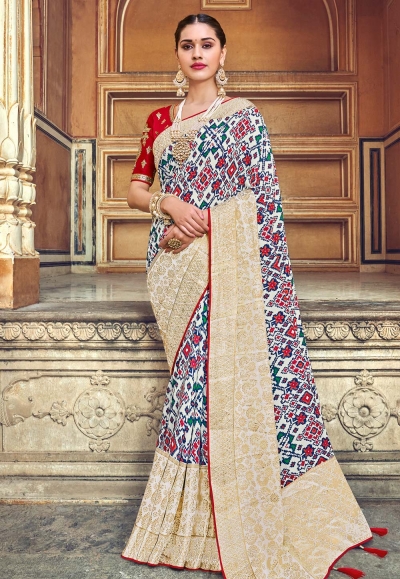 Off white banarasi silk festival wear saree 3102