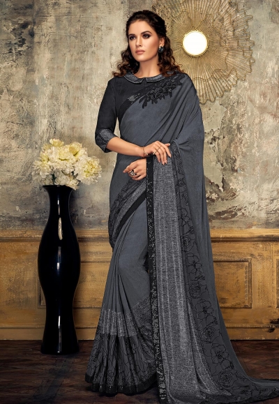 Gray lycra saree with blouse 11214