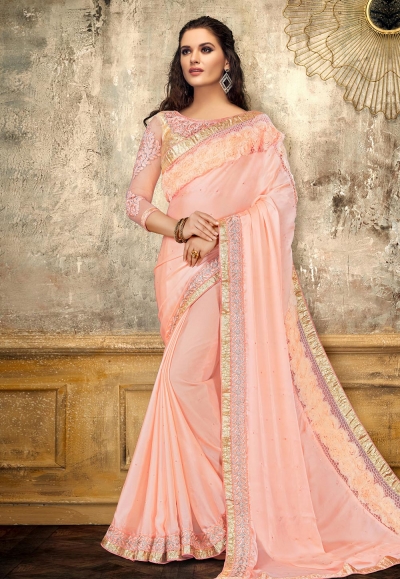 Peach satin party wear saree 11223