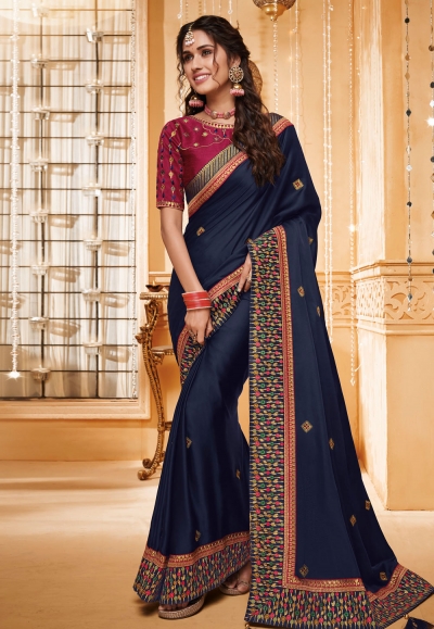 Navy blue silk saree with blouse 2301