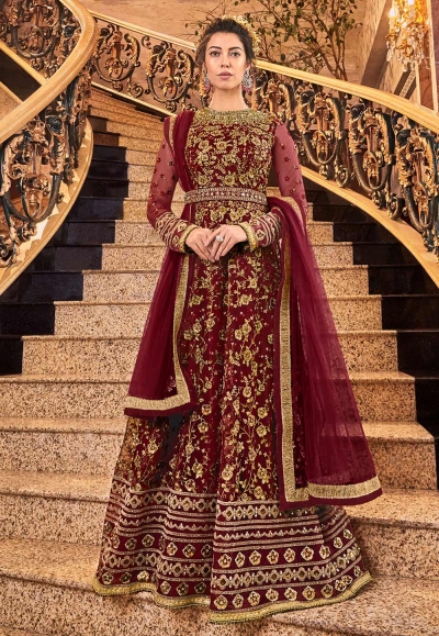 Maroon net embroidered floor length Wedding anarkali