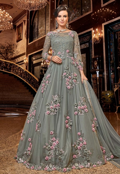 Grey Net embroidered Wedding anarkali