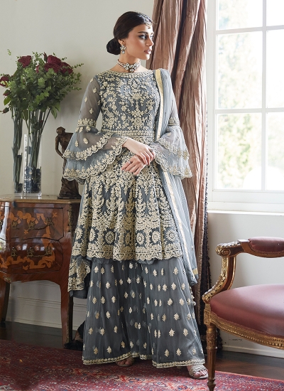 Grey Net Wedding Wear Embroidery Work Sharara Suit